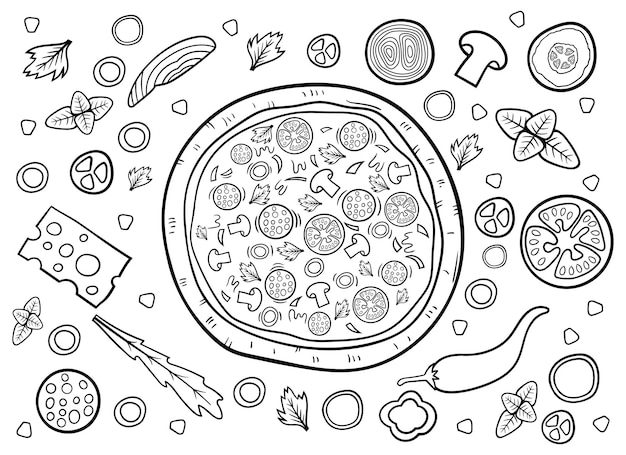 Vettore illustrazione del disegno vettoriale degli ingredienti della pizza