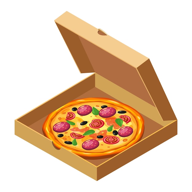 Pizza isometric in open cardboard box package template delivery flat design