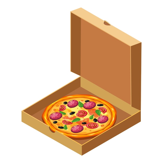 Vector pizza isometric in open cardboard box package template flat