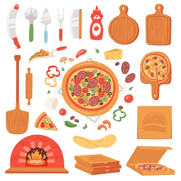 Vettore alimento italiano della pizza con formaggio e pomodoro nell'insieme dell'illustrazione della pizzeria o della pizzeria della torta cotta da pizzaoven in italia