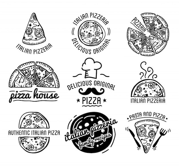 Vettore insieme tipografico di vettore di progettazione dell'etichetta della pizza.
