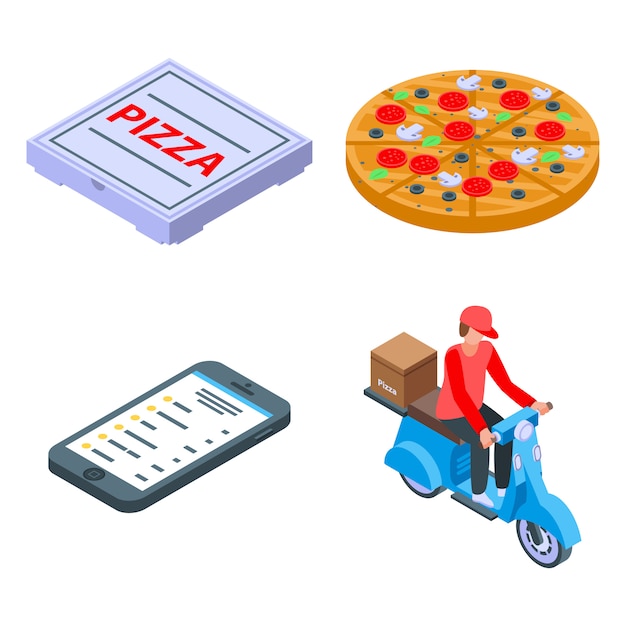 Pizza levering iconen set, isometrische stijl