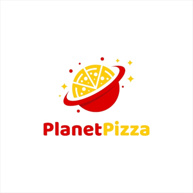 Logo della pizza per fast food e logo del pianeta, semplice stile piatto