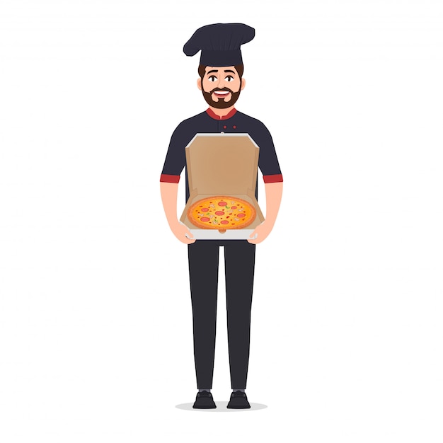 Pizza maker houdt pizza vectorillustratie