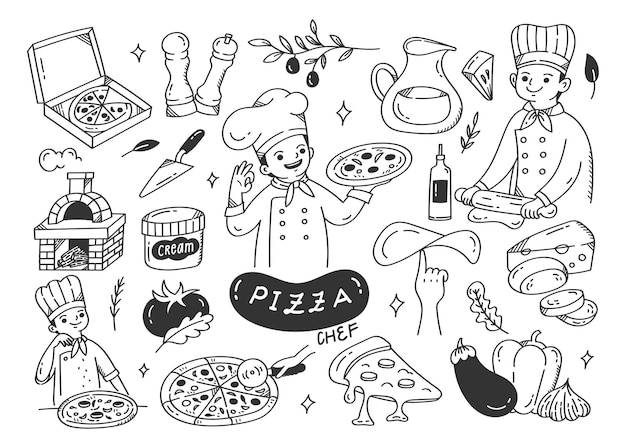 Pizza maker met pizza ingrediënten doodle