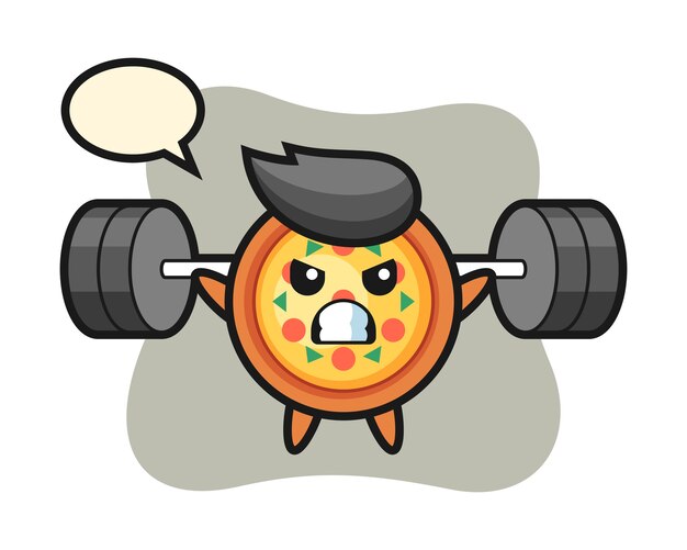 Pizza mascotte cartoon met een barbell