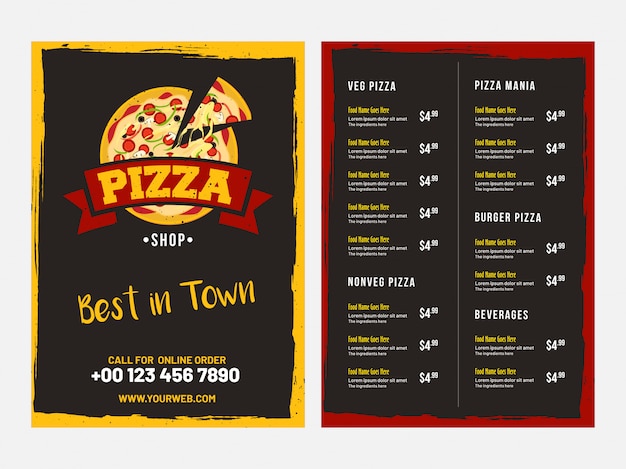 Pizza menu card design con vista frontale e posteriore