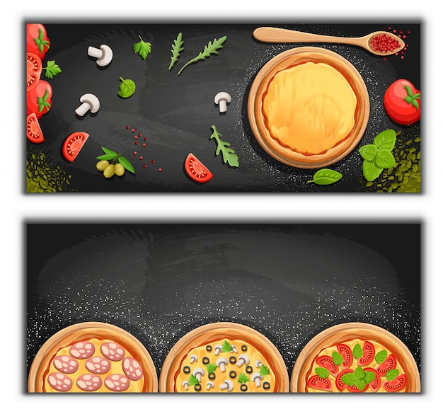 Pizza menu chalkboard cartoon background with fresh ingredients  illustration pizzeria flyer  background. two horizontal banners with ingredients text on wooden background and blackboard.