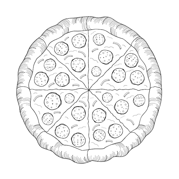 Pizza met pepperoni en uien schets illustratie