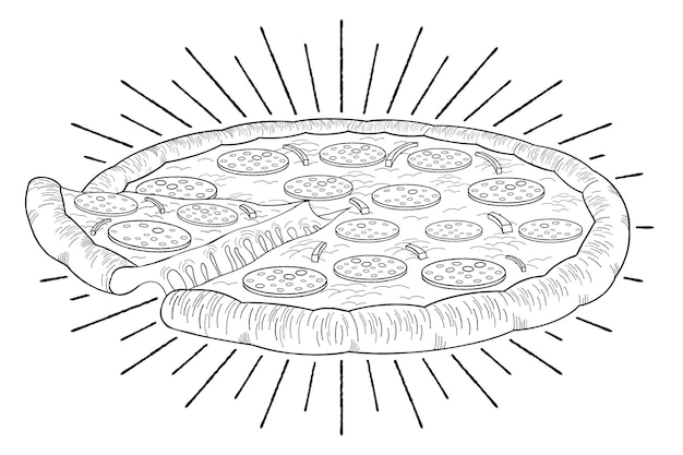 Pizza met pepperoni en uien schets illustratie
