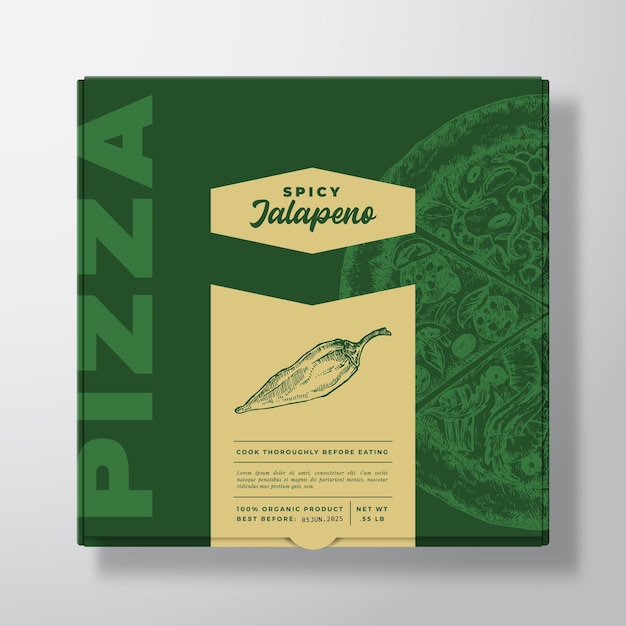 Vector pizza met pittige jalapeno realistische kartonnen doos mockup. abstract vector verpakkingsontwerp of etiket. moderne typografie, schetsvoedsel en kleurpapierachtergrondlay-out. geïsoleerd.