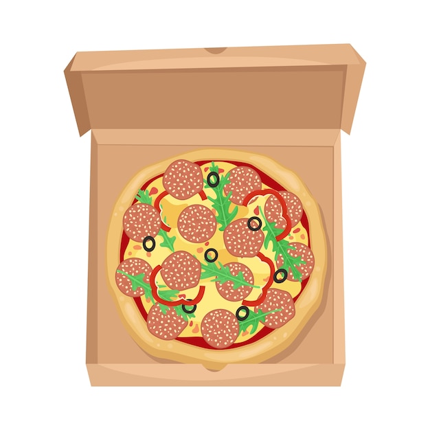 Pizza met salami, olijven en kaas in een kartonnen doos. het uitzicht vanaf de top.
