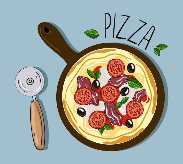 Vector pizza met tomaten in sticker cartoon stijl. vector illustratie.