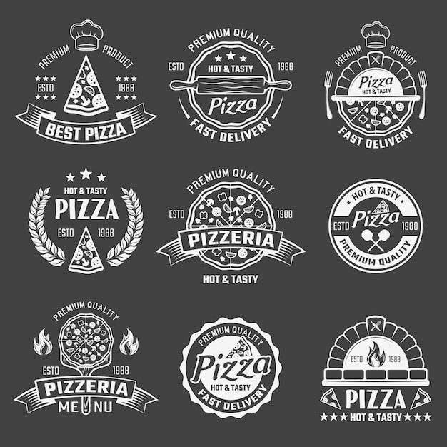 Vettore set di emblemi monocromatici pizza