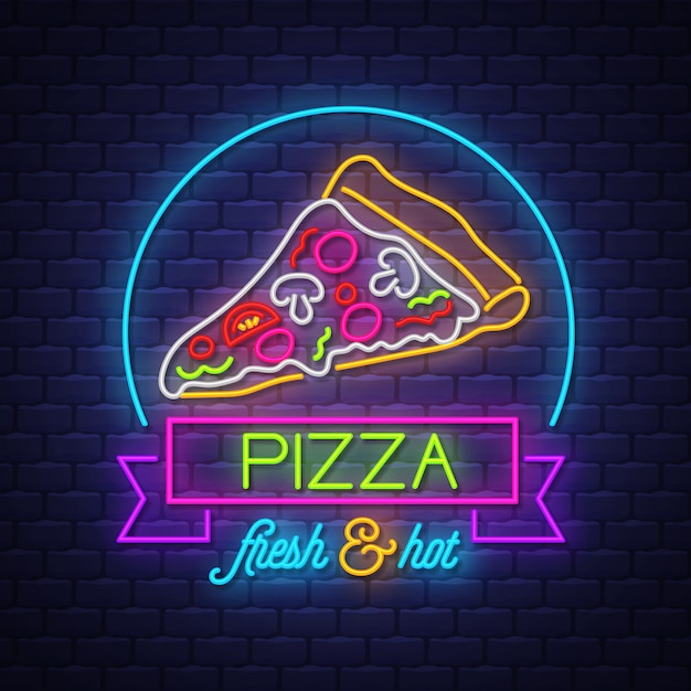 Пицца neon sign vector на фоне кирпичной стены