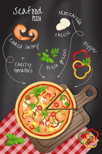 Вектор Пицца на фоне классной доски с ингредиентами для пиццы, перца, оливок, помидоров и т.д.