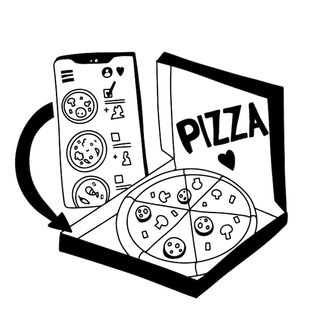Заказ пиццы онлайн. концепция покупок в интернете. черно-белый рисунок.