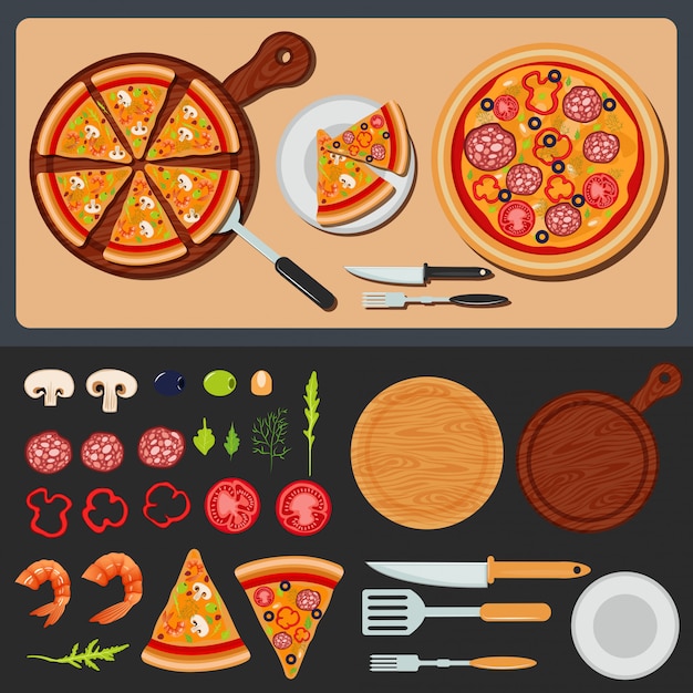 Vector pizza op de plaat en ingrediënten voor pizza
