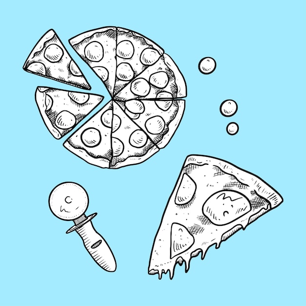 Pizza pack hand drawn illustration black and white