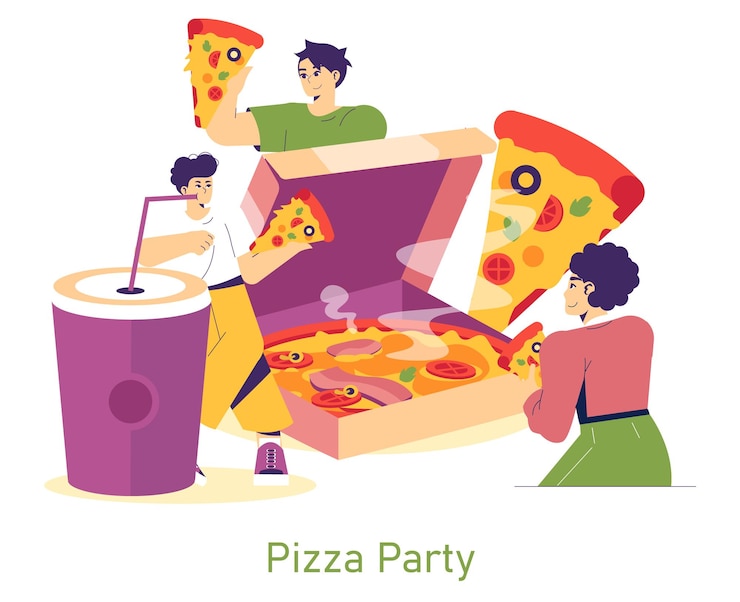 Vector 피자 파티 개념은 친구들이 함께 맛있는 피자를 즐기는 활기찬 모임입니다.