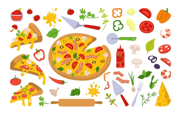피자 조각과 재료 만화 세트 이탈리아 손으로 그린 피자 채소, 후추, 토마토, 올리브, 치즈, 버섯. 마가리타와 하와이안, 페퍼로니 또는 해산물, 멕시코
