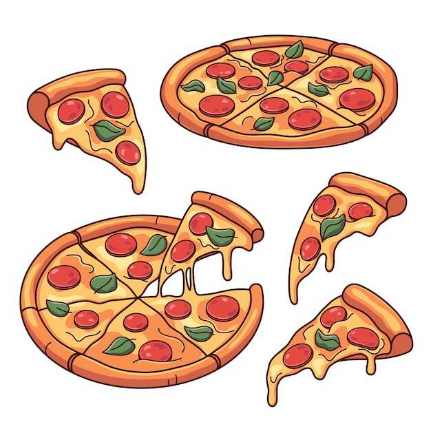 Vector pizza pizza slices illustrations set of cartoon style doodle drawings