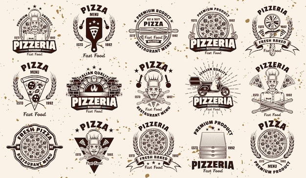 Pizza and pizzeria big set of fifteen vector emblems badges labels or logos in vintage style on background with removable grunge textures