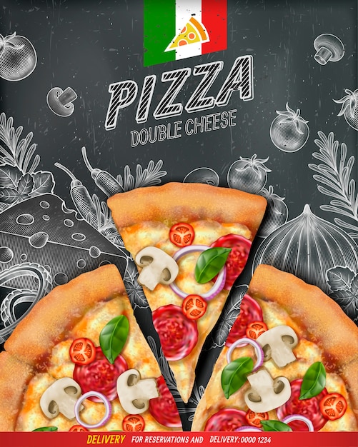 Annunci di poster di pizza con illustrazione cibo e illustrazione stile xilografia su sfondo lavagna, vista dall'alto