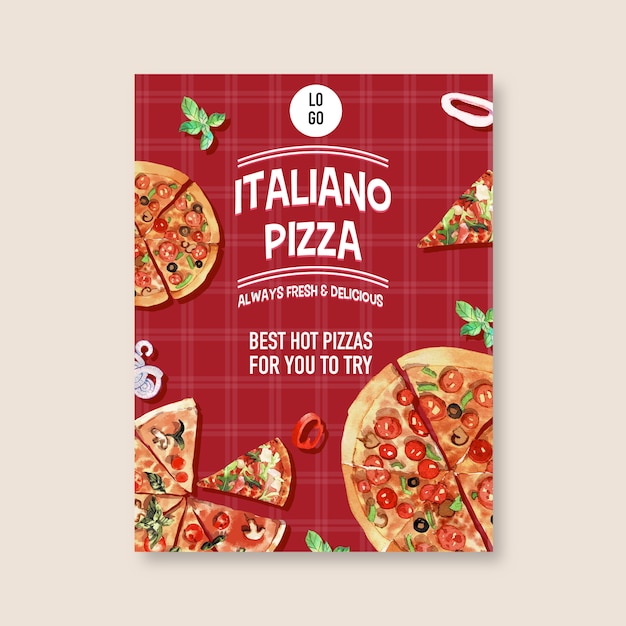 Vettore progettazione del manifesto della pizza con la varia illustrazione dell'acquerello della pizza.