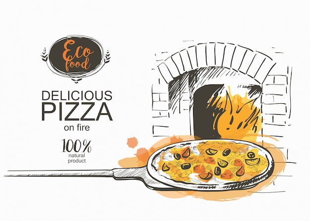 Vettore pizza pronta da cuocere nell'illustrazione di vettore del forno