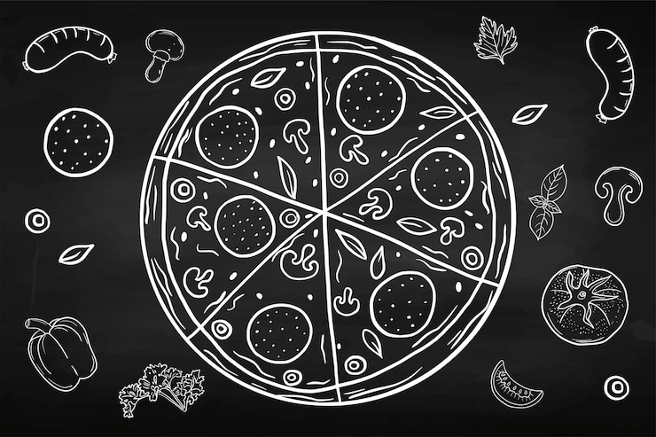 Pizza. Restaurant food. Hand drawing. For your design.