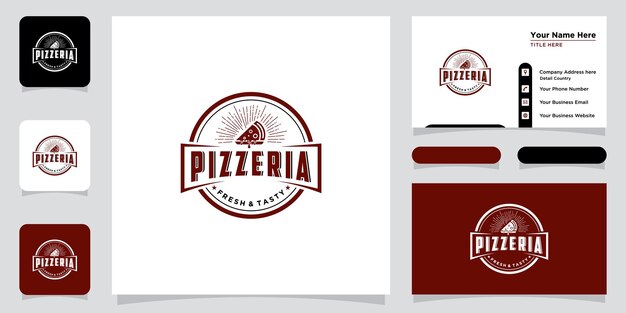 Pizza restaurant ontwerp logo symbolen voor eten en drinken met visitekaartje ontwerp premium vector