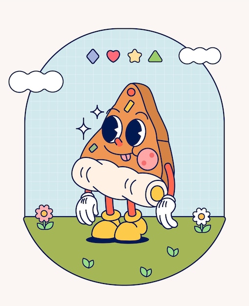 Vector pizza retro character mascot vintage trendy hand draw funny doodle comic collection