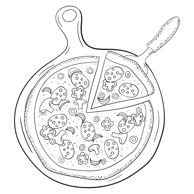 Pizza on a round board line art vector