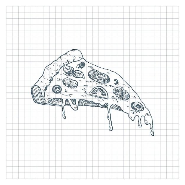 Pizza schets. hand tekenen plakje pizza, vectorillustratie.