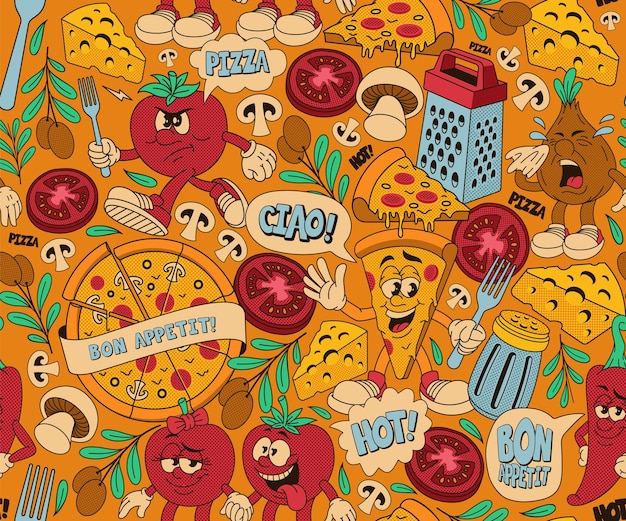 Vector pizza seamless pattern, background with different cartoon characters for a pizzeria theme