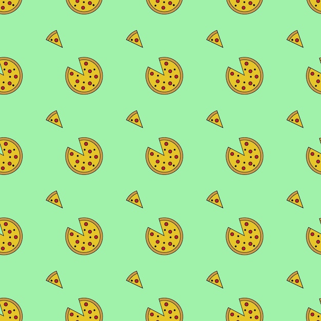 Pizza, seamless pattern, vector. Pattern of pizza and pizza slices on a green background.