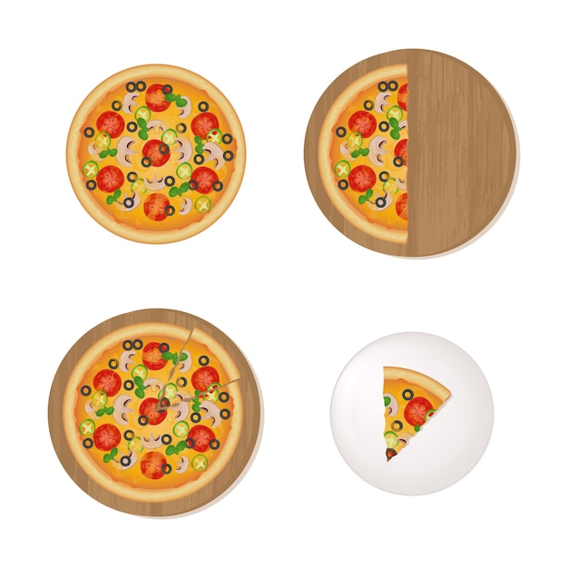 Vector pizza set on a board and a plate with mushrooms, tomatoes, olives, peppers and basil