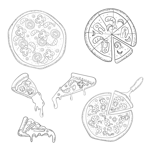 Pizza set line art illustrazione vettoriale su sfondo bianco