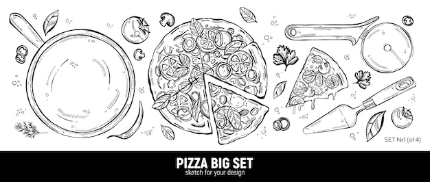 Vector pizza set mozzarella pepperoni slice pizza spatel rolmes hand tekenen schets