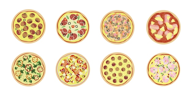 さまざまな種類のピザセット。上面図。ペパロニ、ベジタリアン、ハワイアン、シーフードピザなど