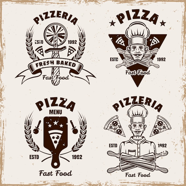 Набор векторных эмблем для пиццы, этикетки или логотипы в винтажном стиле на заднем плане со съемными гранжевыми текстурами