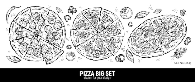 Vector pizza set pepperoni zeevruchten pizza pepperoni slice klassieke pizza en ingrediënten hand tekenen schets