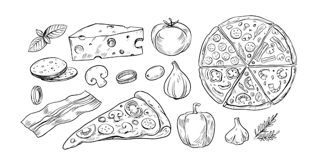 Vettore set pizza, stile schizzo, scarabocchio. illustrazione vettoriale disegnato a mano. ottimo per menu, poster o etichette.