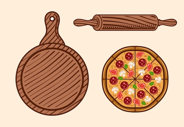 Pizza set vector gekleurde objecten met houten snijplank en deegroller geïsoleerd op een witte achtergrond