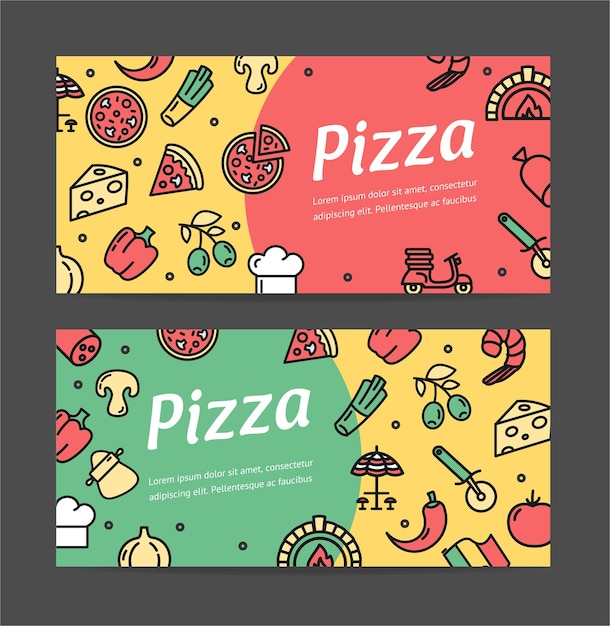 Pizza Signs Banner Horizontale set met kleur contour iconen Vector illustratie van banners kaarten voor reclame en promotie