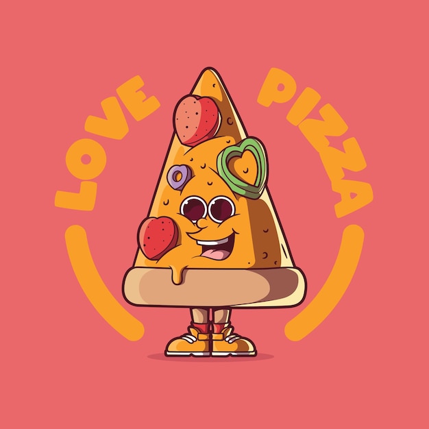 사랑 벡터 삽화로 가득 찬 피자 조각 캐릭터. 음식, 사랑, 재미있는 디자인 컨셉.