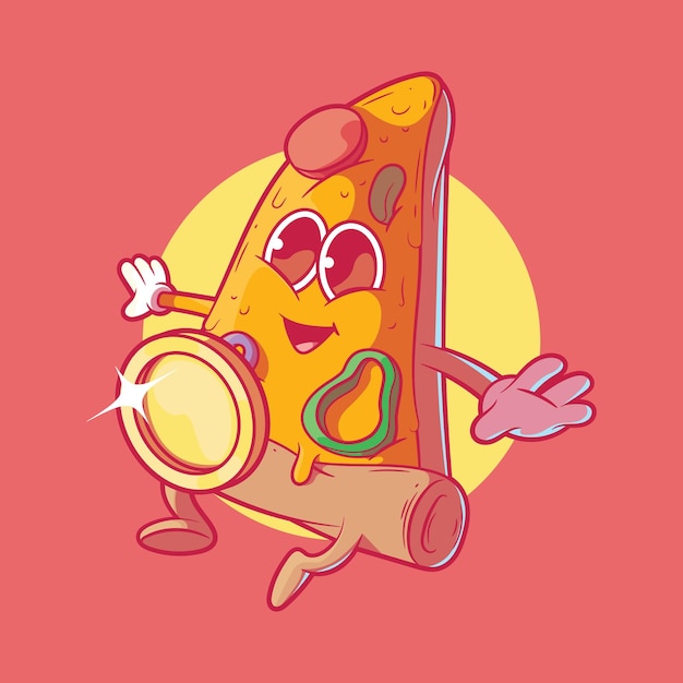 Vector pizza slice character jumping near a coin vector illustration food money brand design concept