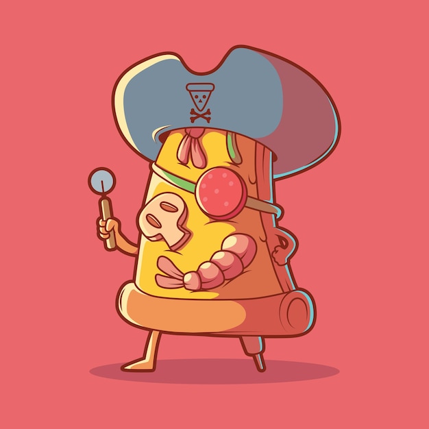 Vettore pizza slice pirate personaggio illustrazione vettoriale cibo divertente fast food design concept