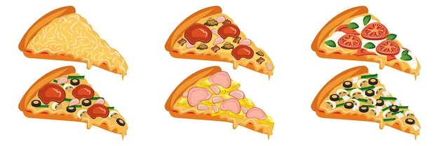 Pizza slice set Traditioneel Italiaans fastfood Bovenaanzicht maaltijd Europese snack Vector clip art illustratie Geïsoleerde witte achtergrond